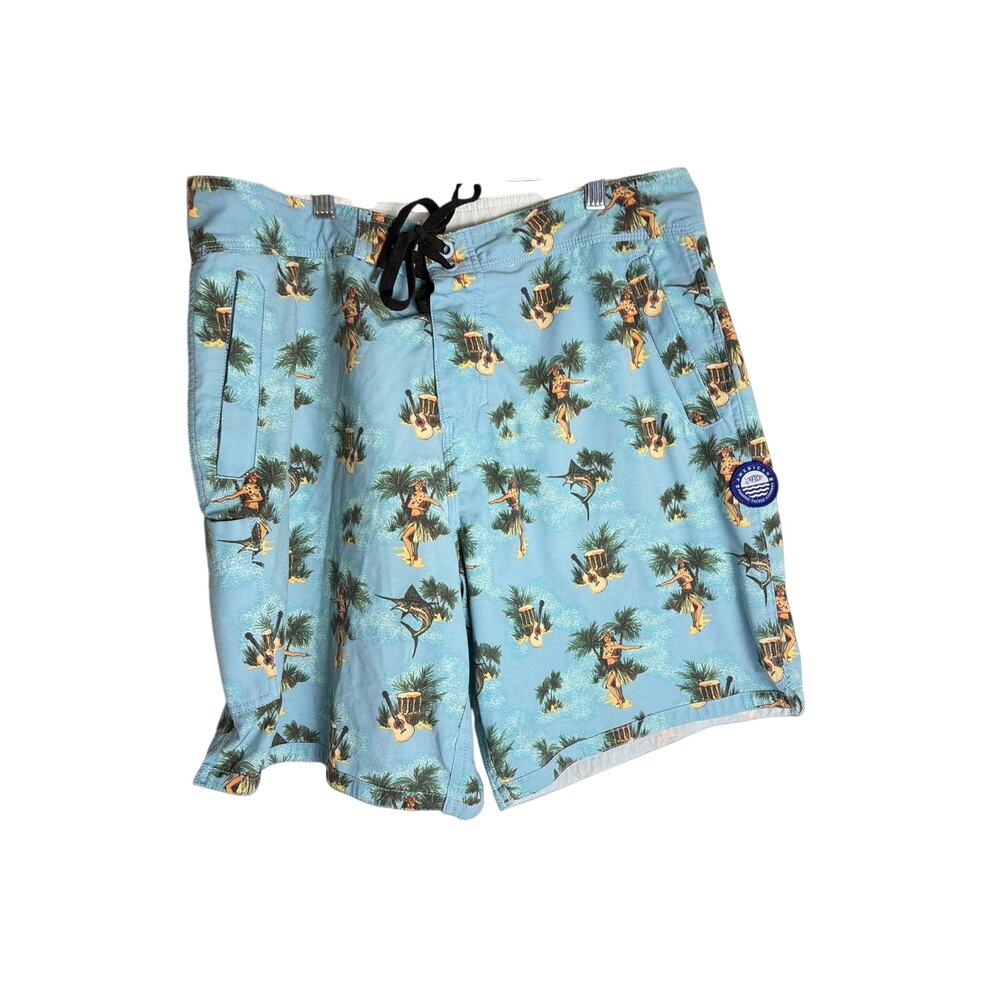 AFTCO Men Blue 34 Board Shorts Swim Trunks Hula Girl Sailfish